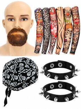Biker Halloween Cosplay Costume Goatee Tatoo Sleeves Skull Cap Leather Cuffs